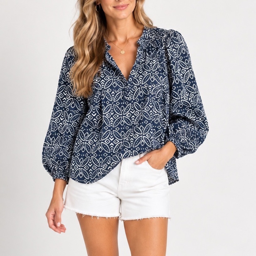 Melissa Nepton Navy White Geometric Print V-Neck Balloon Sleeve Blouse XS